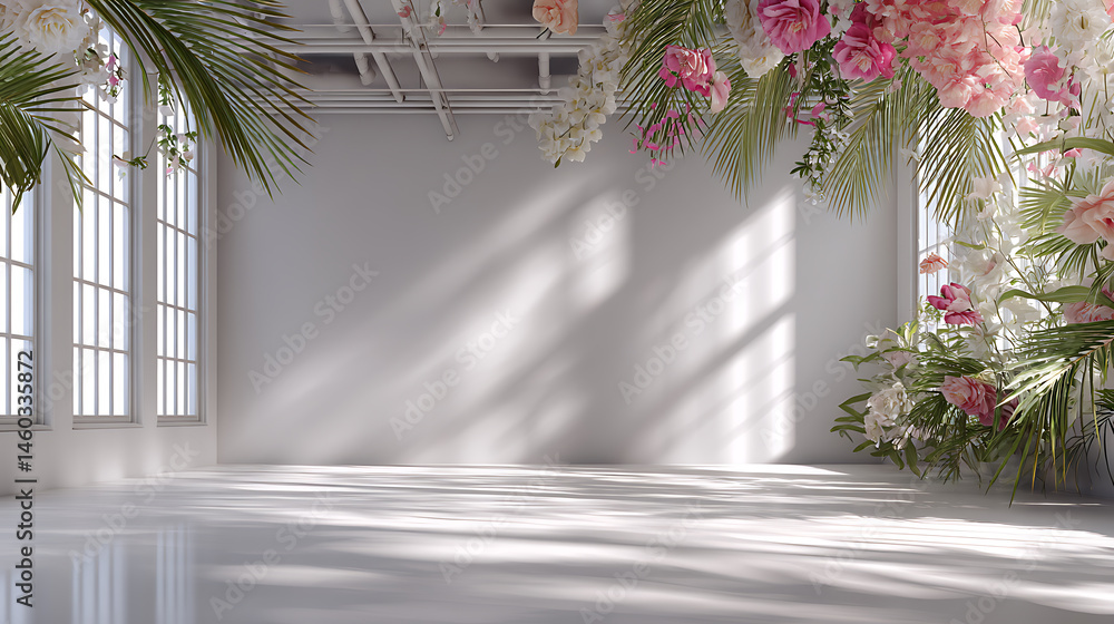 Poster a white studio background is available for product presentation, the room is empty with window shado