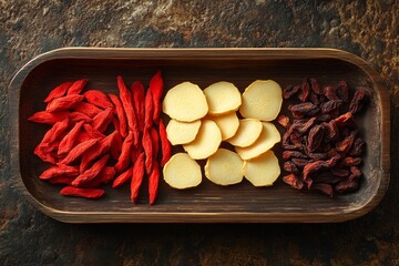 Top view of fresh chili pepper ginger and dried fruits on wooden tray