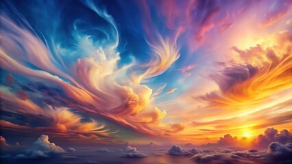 Fototapeta premium A breathtaking panorama of vibrant sunset cloudscapes, showcasing swirling hues of orange, purple, and blue, a celestial canvas of ethereal beauty and majestic atmospheric wonder.