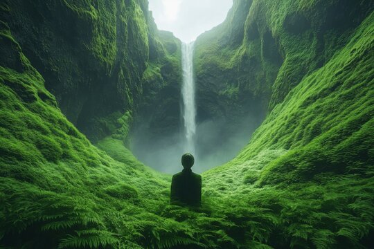Person meditating alone in lush green forest under tall waterfall