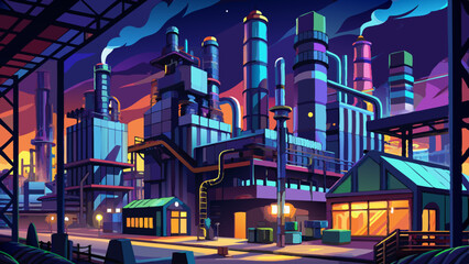 A nighttime view of a large industrial complex, with illuminated towers and extensive piping, showcasing complex engineering and infrastructure in a dark setting.