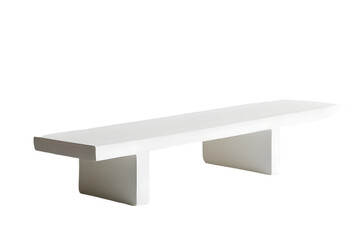 A minimalist white bench with a simple design against a dark background in a studio setting real...