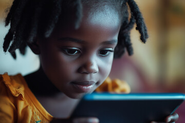 Little girl from Angola at school using a laptop tablet
