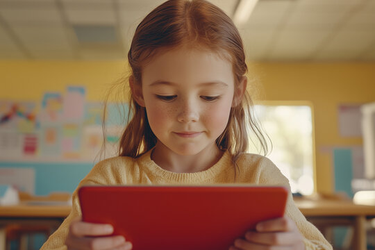 Little girl from Australia at school using a laptop tablet