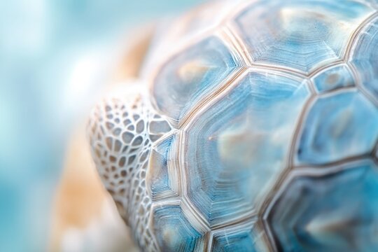 Close-up of a turtle's shell, showcasing intricate patterns and textures in soft blue and beige tones.