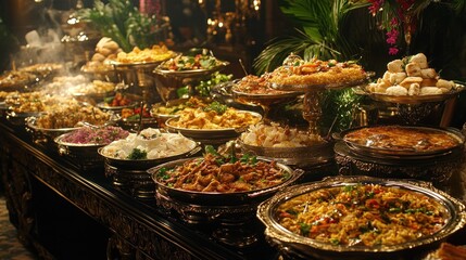 Luxurious buffet spread with diverse dishes