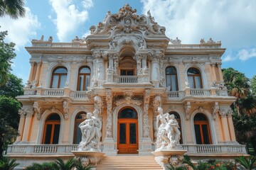 Baroque architectural facade of ornate white building with balconies