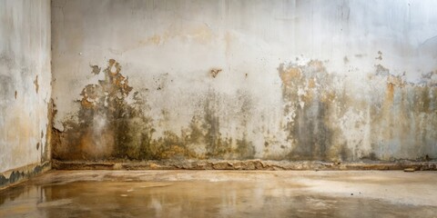 Fototapeta premium A weathered wall corner with damp, distressed concrete and a reflective, wet floor