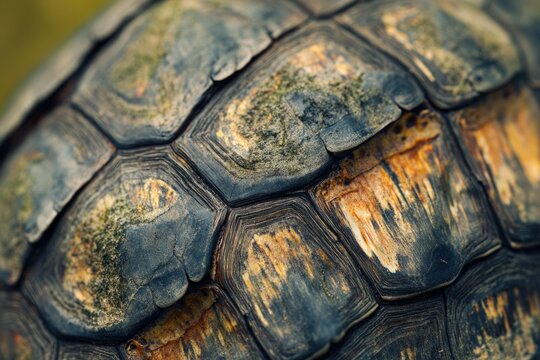 Close-up of a turtle's shell, showcasing its textured, aged, and intricately patterned surface.
