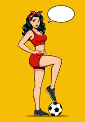 Sporty vector pop art flat illustration of a pin-up soccer girl with a speech bubble. Retro comic style for energetic and fun designs