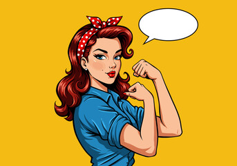 Empowering vector pop art flat illustration of a strong pin-up woman flexing her arm. Retro style with a speech bubble, symbolizing female power and determination. Ideal for feminist designs