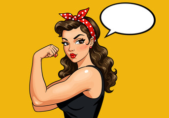 Empowering vector pop art flat illustration of a strong pin-up woman flexing her arm. Retro style with a speech bubble, symbolizing female power and determination. Ideal for feminist designs