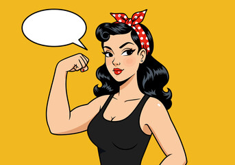 Empowering vector pop art flat illustration of a strong pin-up woman flexing her arm. Retro style with a speech bubble, symbolizing female power and determination. Ideal for feminist designs