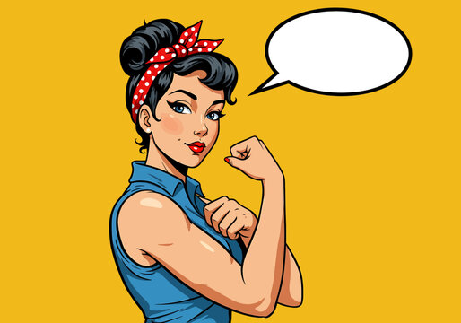Empowering vector pop art flat illustration of a strong pin-up woman flexing her arm. Retro style with a speech bubble, symbolizing female power and determination. Ideal for feminist designs