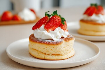 Japanese souffle pancakes topped with whipped cream and strawberries, minimalist modern kitchen background