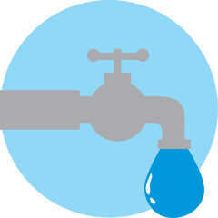 A gray faucet releases a single drop of water, with a blue circle background suggesting water conservation or plumbing