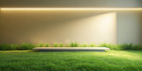 Serene Minimalist Platform on Lush Grass Against a Wall with Subtle Lighting