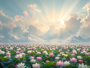 空の光条をバックに広大な薄いピンクの蓮の花畑