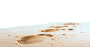 Footprints on wet beach sand stretching toward the horizon representing travel and exploration isolated on white background PNG