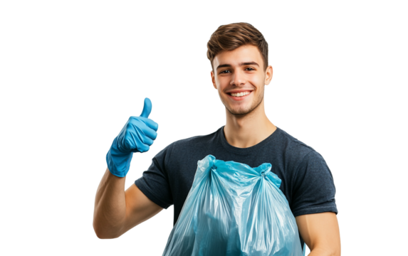 Volunteer holding trash bag and wearing gloves giving thumbs up gesture to support environmental cleanup isolated on white background PNG