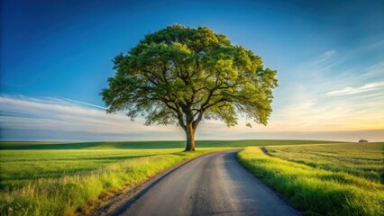 Fototapeta premium Serene Country Road Winding Past a Majestic, Lush Green Tree Under a Tranquil Sunset Sky