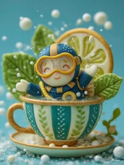 Adorable Clay Diver Figurine in Teacup Surrounded by Lemon and Snow