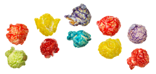 Set colorful caramel popcorn, fruit mixture flying, isolated on white background 