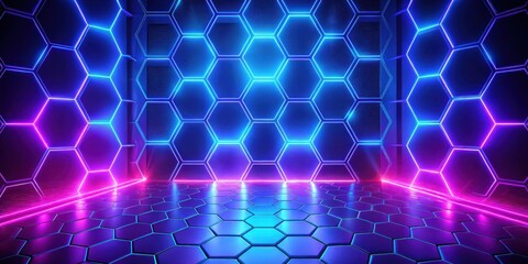 Futuristic Hexagon Room with Vibrant Neon Lighting and Reflective Floor