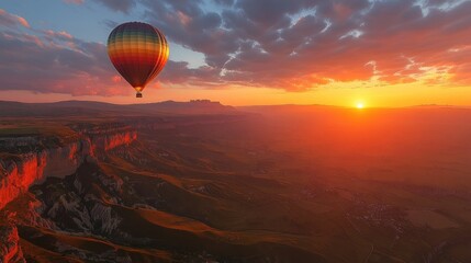 Fototapeta premium Hot air balloon soars above dramatic mountain range at sunset. Vast landscape unfolds below, painted with fiery hues