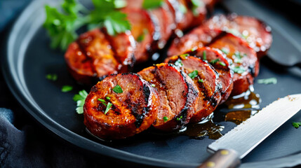  Grilled chourico assado slices on black plate, Portugal street food chorizo with herbs and knife close-up