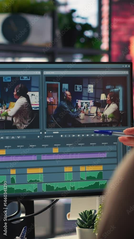 Poster vertical video video editors team working with ai chatbot and montage maker software, editing a back