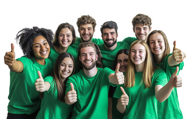 Group of cheerful volunteers in matching green outfits expressing support and community spirit isolated on white background PNG