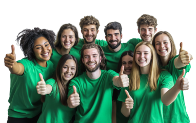 Group of cheerful volunteers in matching green outfits expressing support and community spirit isolated on white background PNG