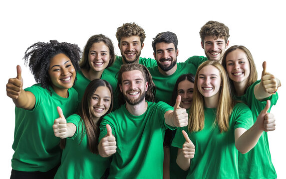 Group of cheerful volunteers in matching green outfits expressing support and community spirit isolated on white background PNG