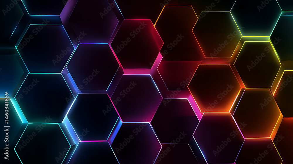 Aufkleber Abstract and futuristic hexagonal background with colorful and glowing neon effect, modern technology background