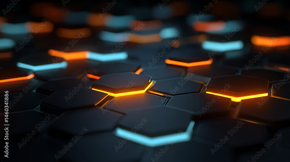 Poster Abstract and futuristic hexagonal background with colorful and glowing neon effect, modern technology background