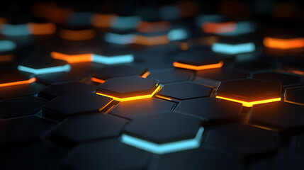 Obraz premium Abstract and futuristic hexagonal background with colorful and glowing neon effect, modern technology background