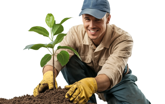 Volunteer kneeling in soil while planting a young tree sapling representing environmental care and action isolated on white background PNG