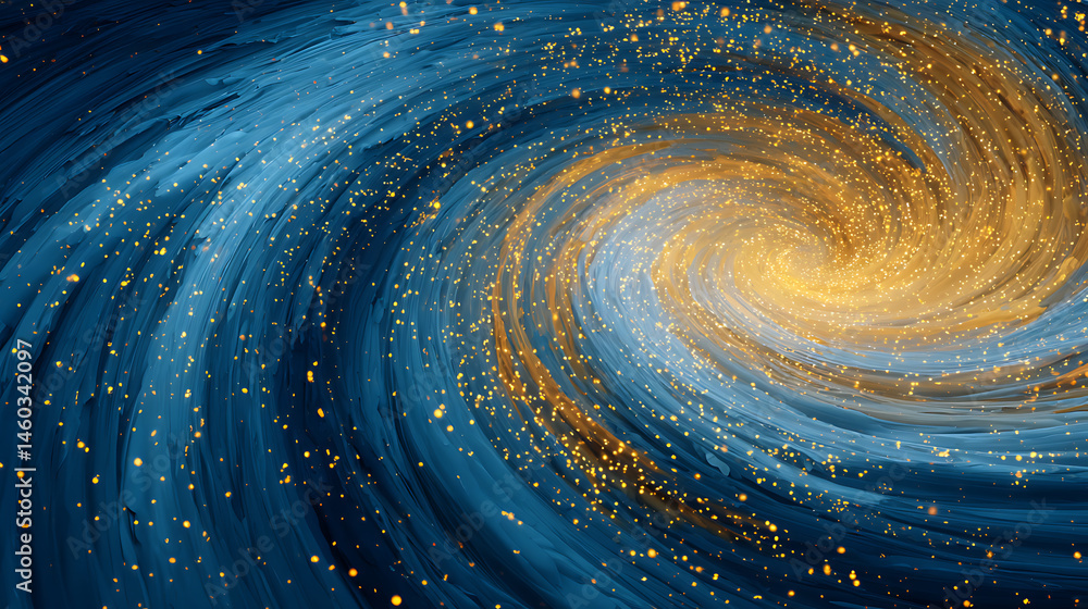 Leinwandbilder Abstract blue and gold particle vortex with dynamic swirl and wind blowing effect in motion for artistic background
