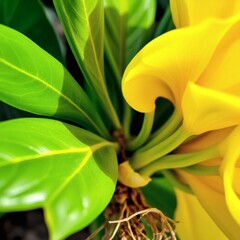 Obraz premium Vibrant Yellow Flowering Plant with Glossy Green Leaves and Roots