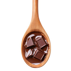 A wooden spoon filled with melted chocolate and chocolate pieces on a black background close up view real estate business ,technology ,selling ,purchasing ,agreement