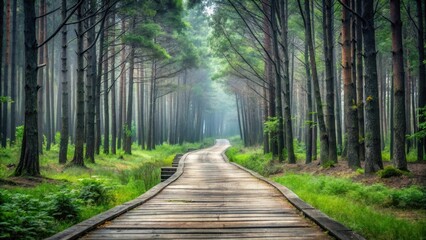Obraz premium Wooden walkway through a misty pine forest, leading to a tranquil destination