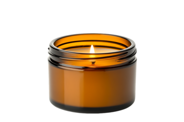 Amber Glass Jar Candle with Lit Flame, Warm Glow
