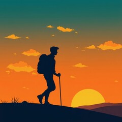 Hiker silhouetted against sunset with scattered clouds in the sky