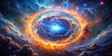 Obraz premium A Celestial Ring of Fiery Nebulae and Radiant Starburst in a Vast, Cosmic Expanse
