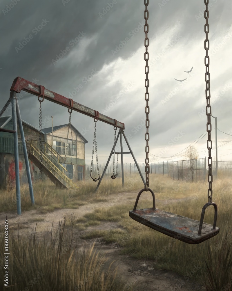 Poster an empty swing swaying in a playground depicting the loss of joy and playfulness that often accompan