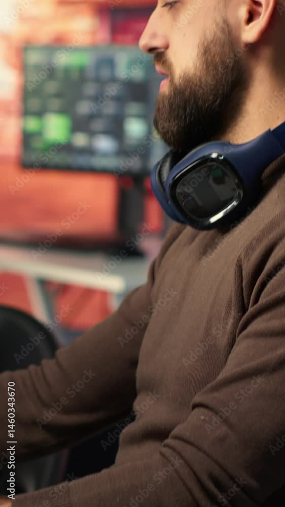 Poster vertical video two developers team interact with virtual ai assistant on pc to design a game hub, us