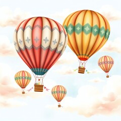 Obraz premium Watercolor vintage hot air balloons with flags and clouds background