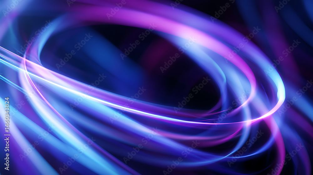Poster abstract neon light swirls in blue and purple, futuristic and dynamic glowing lines for technology, 