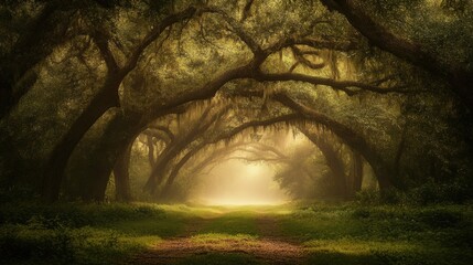 Sunlight filtering through a mystical forest grove.